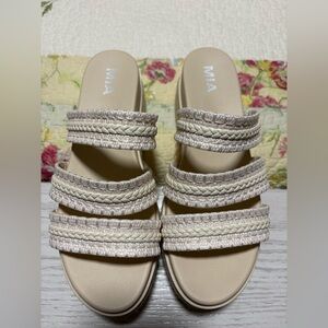 MIA Women's Beige Braided Triple-Strap Slide Sandals